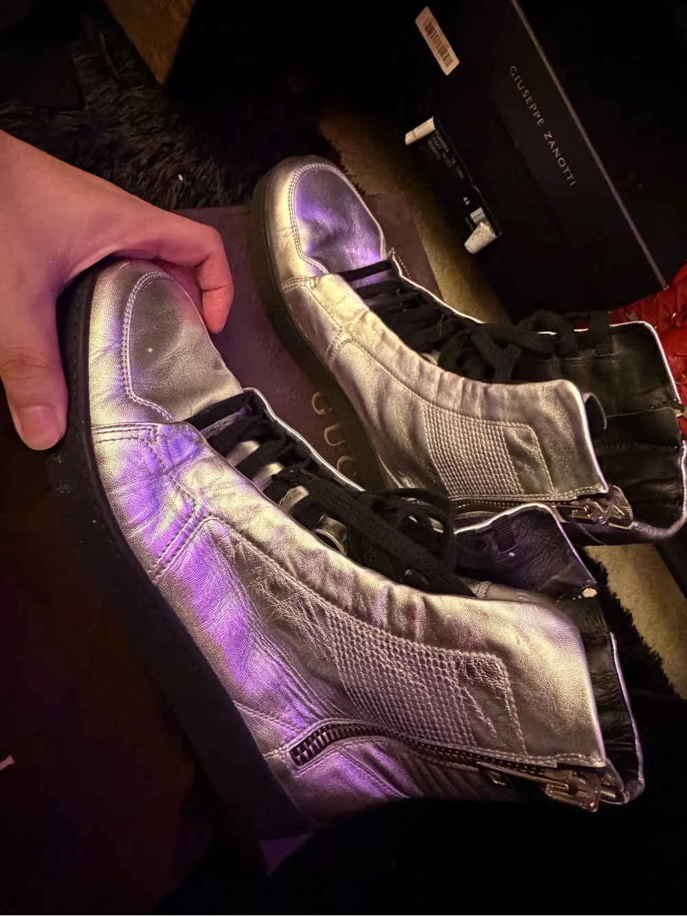 Gucci Men's Silver Metallic High-Top Sneakers with Black Laces